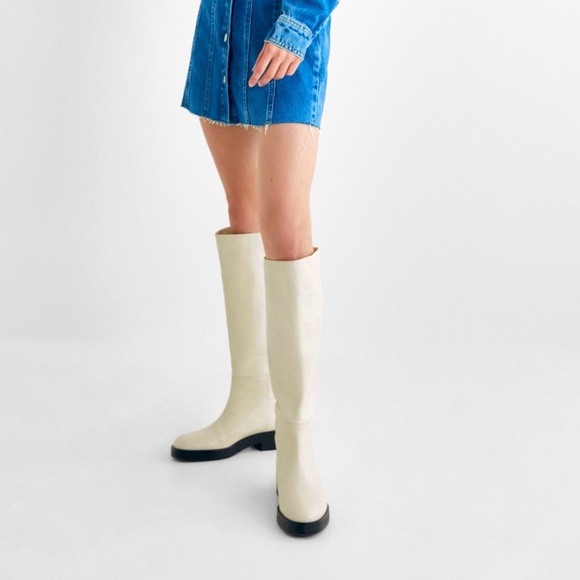 Zara Ecru White Flat Leather Knee High Boots Size 6